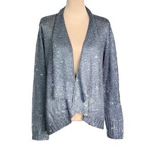 NWT Sisters Sequin Cardigan Sz.L Knit Gray Silver Shawl Collar Dressy Preppy